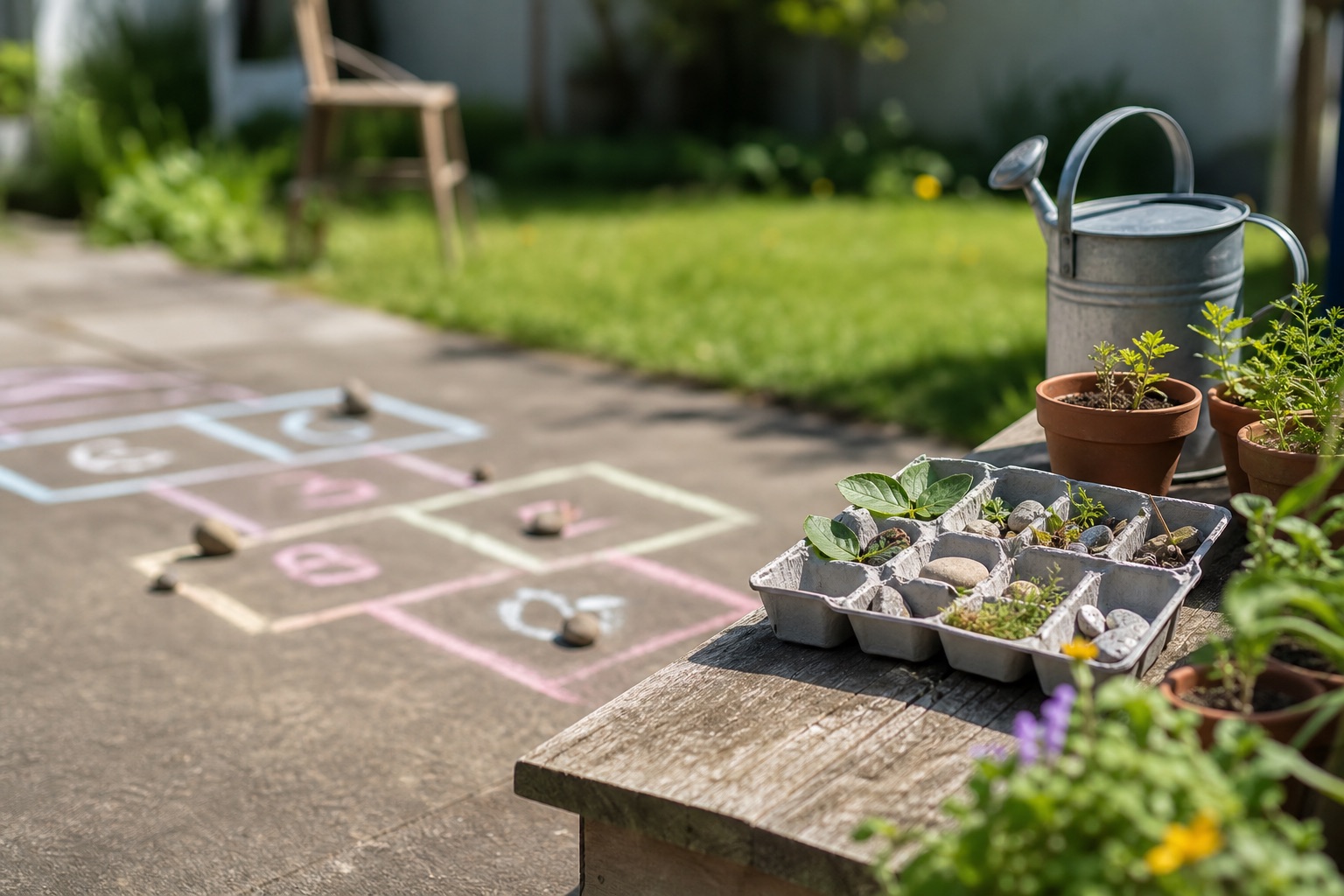 Sunny backyard with a chalk-drawn hopscotch grid on the patio, a nature collection on a bench and small pots of seedlings